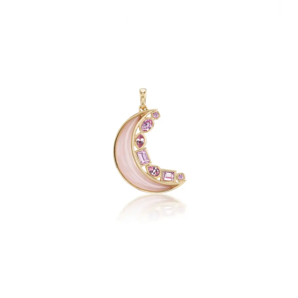 Mini Crescent Moon Inlay Pendant - Pink Opal 