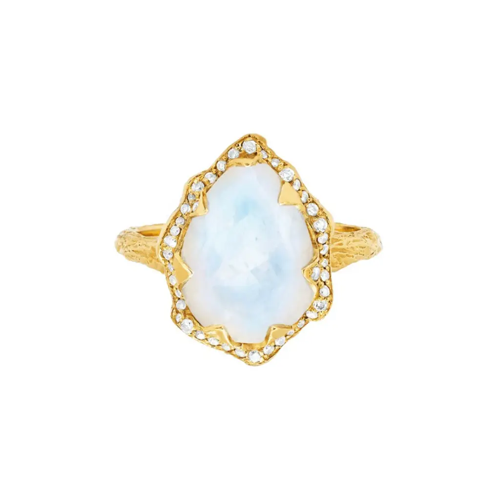 Queen Water Drop Moonstone Ring with Full Pavé Diamond Halo