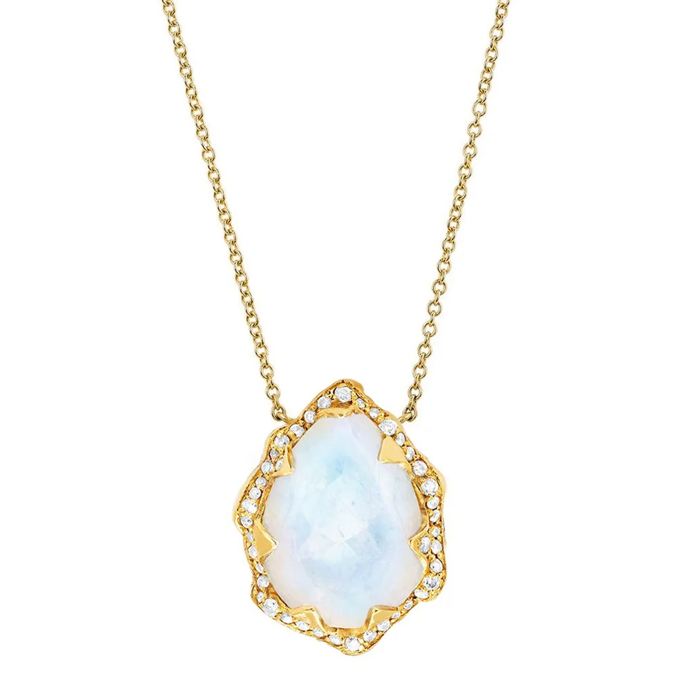 Queen Water Drop Moonstone Necklace with Full Pavé Diamond Halo