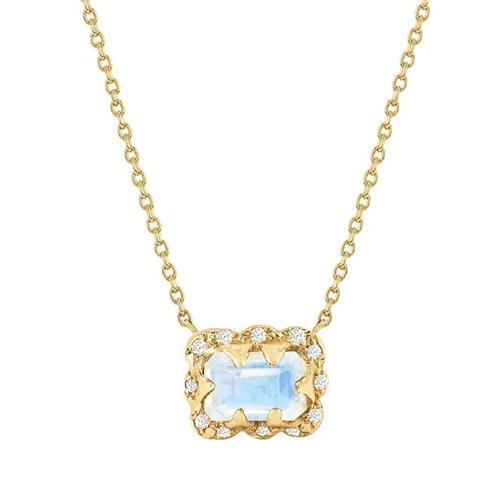 Micro Queen Emerald Cut Moonstone Necklace with Sprinkled Diamonds