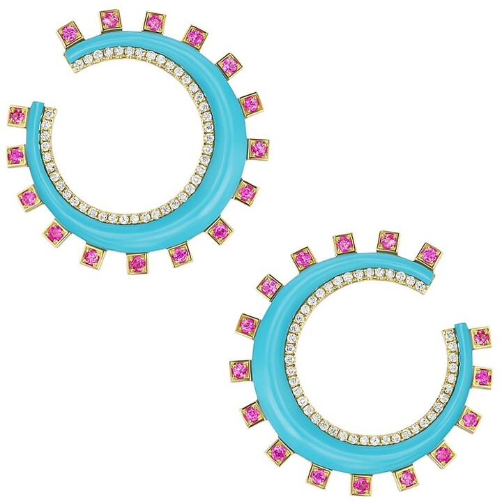 Crescent Earrings with Turquoise and Pink Sapphires