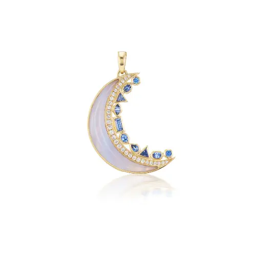 [MON304-PNDT] Crescent Moon Inlay Pendant - Blue Lace Agate