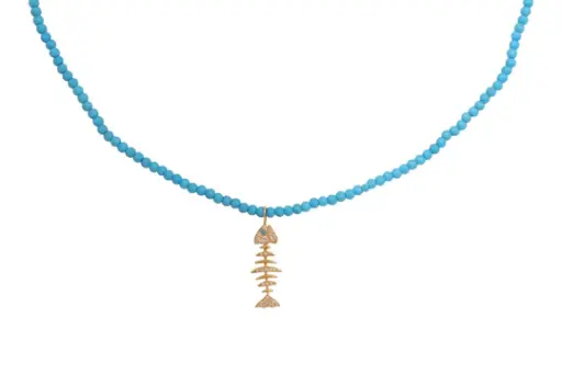 [WSHBNTURQBDS] Beaded Wishbone Necklace - Turquoise Beads