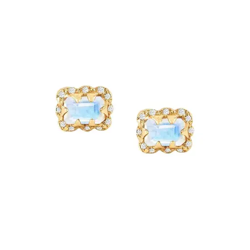 [QNEMSTNERDIA] Micro Queen Emerald Cut Moonstone Earrings with Sprinkled Diamonds