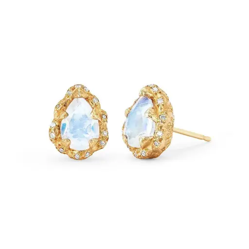 [MICQNDRPDIA] Micro Queen Water Drop Moonstone Studs with Sprinkled Diamonds