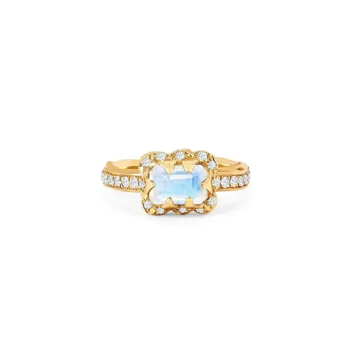 [MCQNEMPKRG] Micro Queen Emerald Cut Moonstone Ring with Sprinkled Diamonds