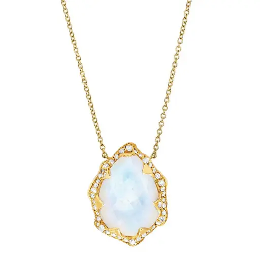 [QNDRPPVDIA18] Queen Water Drop Moonstone Necklace with Full Pavé Diamond Halo