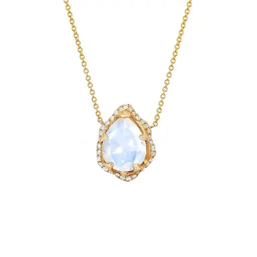 [BBQNDRPNKDIA18] Baby Queen Water Drop Moonstone Necklace with Full Pavé Diamond Halo