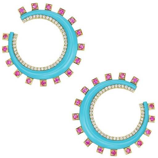 [PI409-PNKSAP] Crescent Earrings with Turquoise and Pink Sapphires